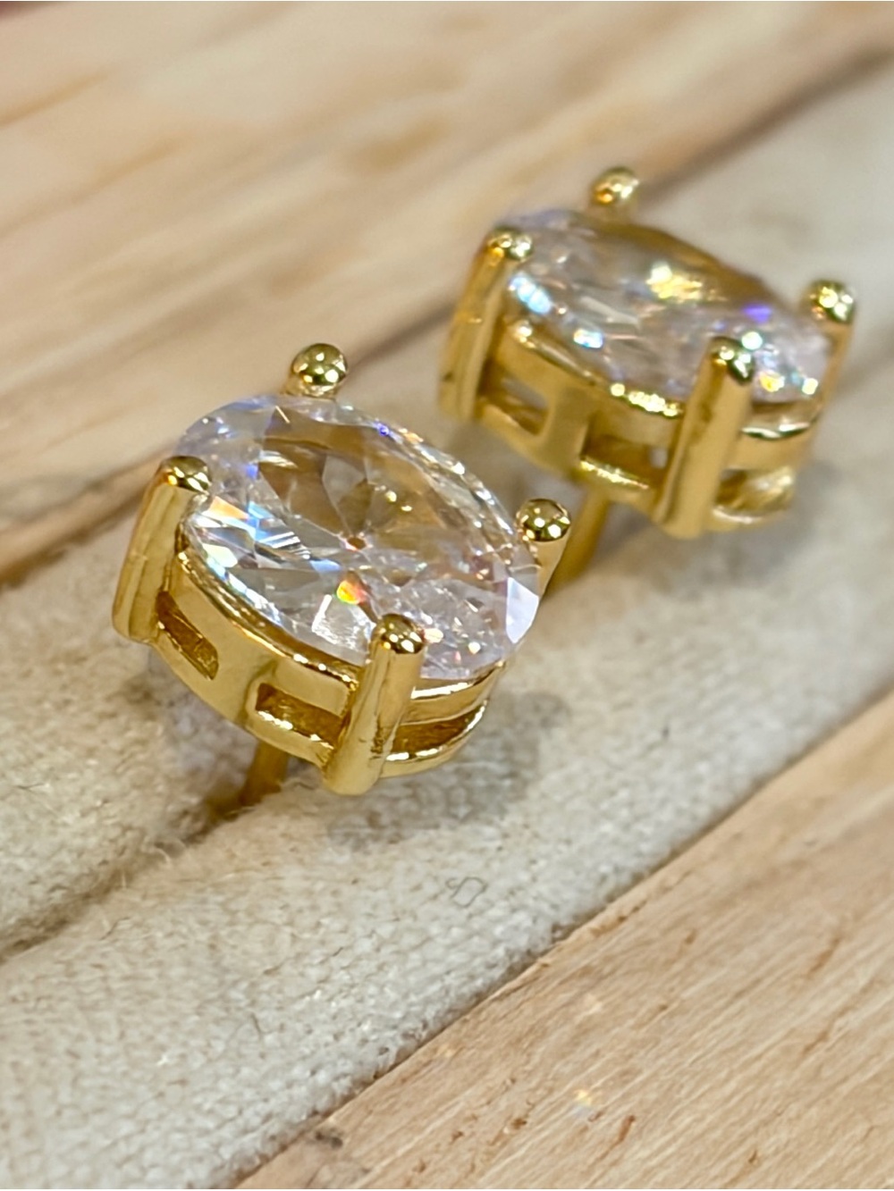 New 8mm Gold Tone clear CZ Oval Bezel Minimalist Stud earrings with 4 prongs